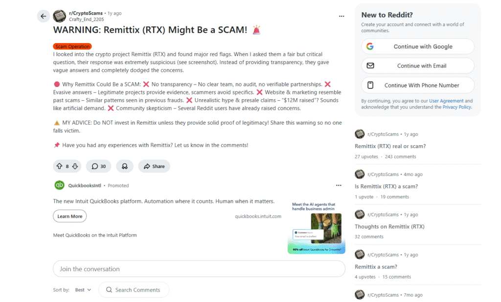 Remittix (RTX) Draws Community Warnings as Reddit Users Flag Multiple Red Flags