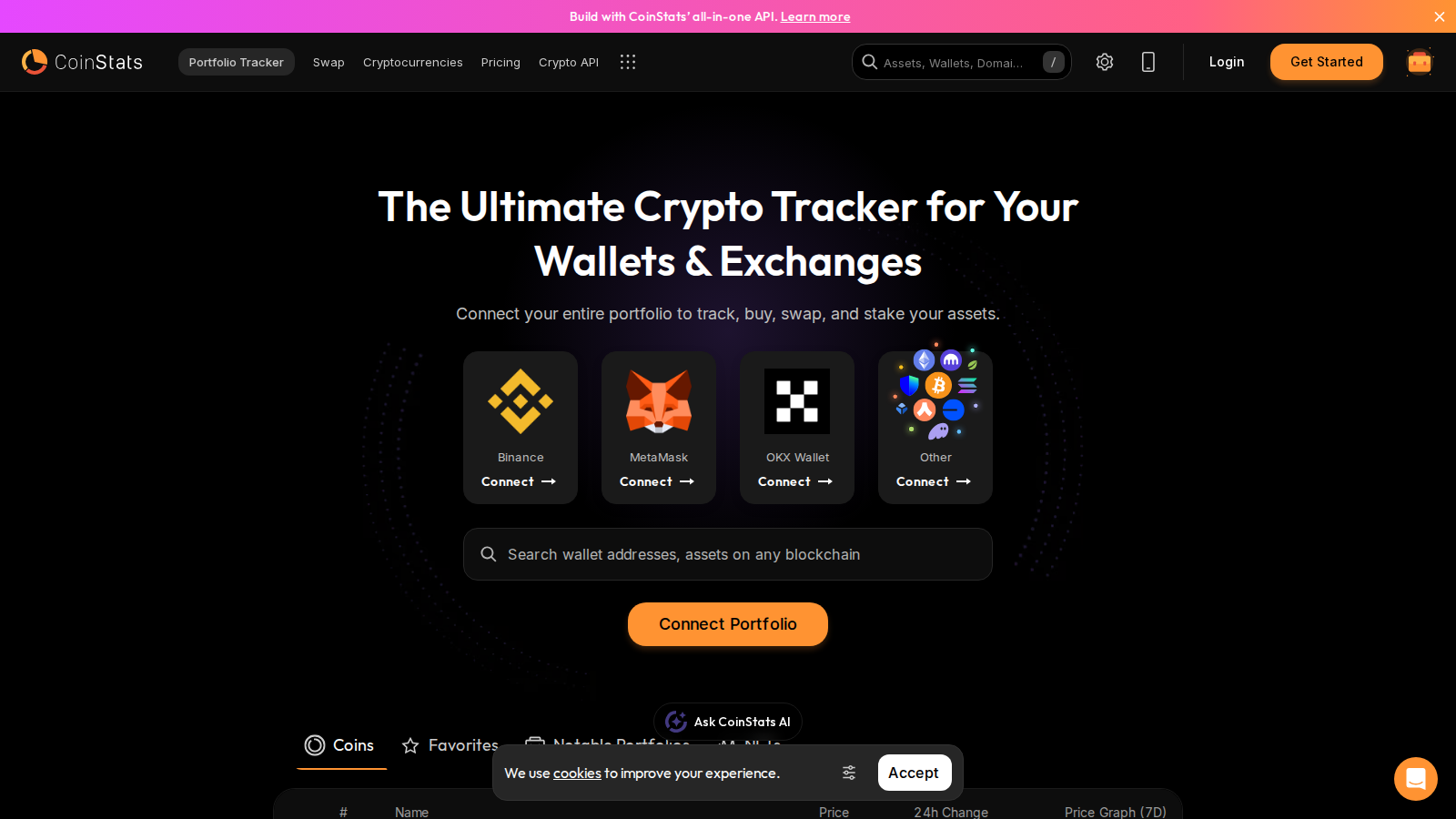 CoinStats homepage showing wallet and exchange connection options.