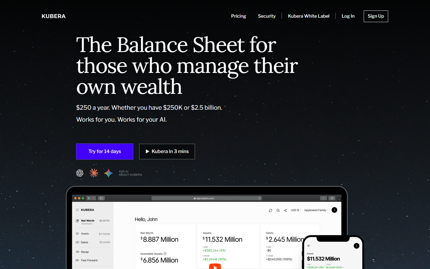 Kubera homepage showing its net-worth tracking product surface.