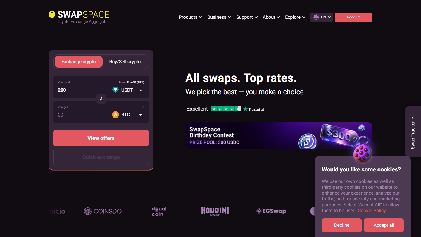 SwapSpace crypto exchange aggregator homepage July 2026