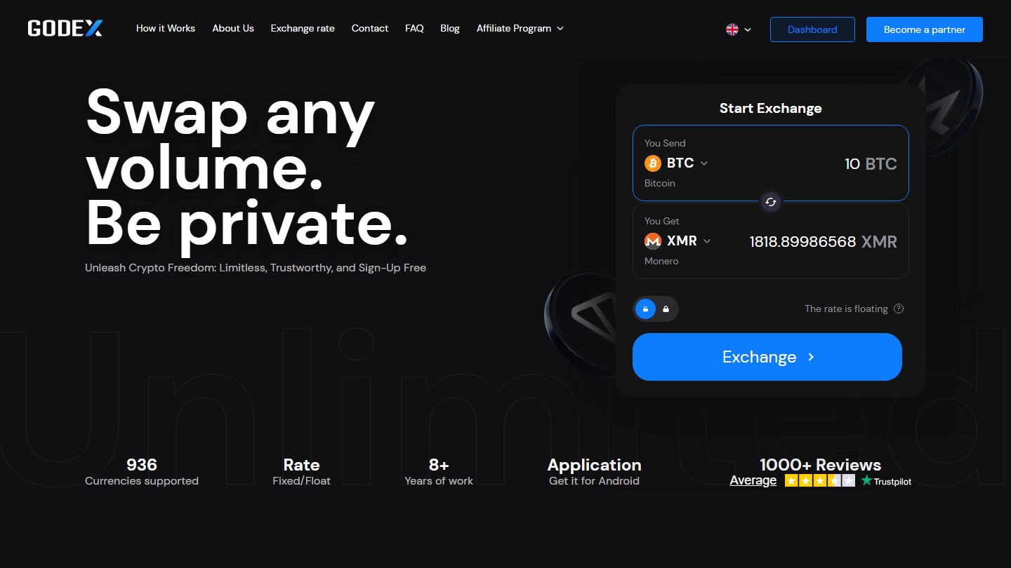 Godex BTC to XMR exchange interface July 2026