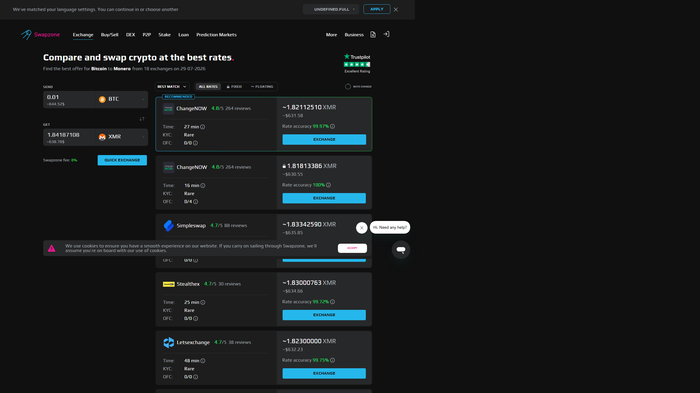 Swapzone homepage showing partner logos and exchange aggregator interface , July 2026