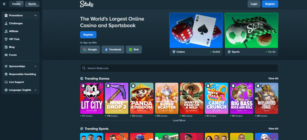 Stake.com crypto casino homepage July 2026