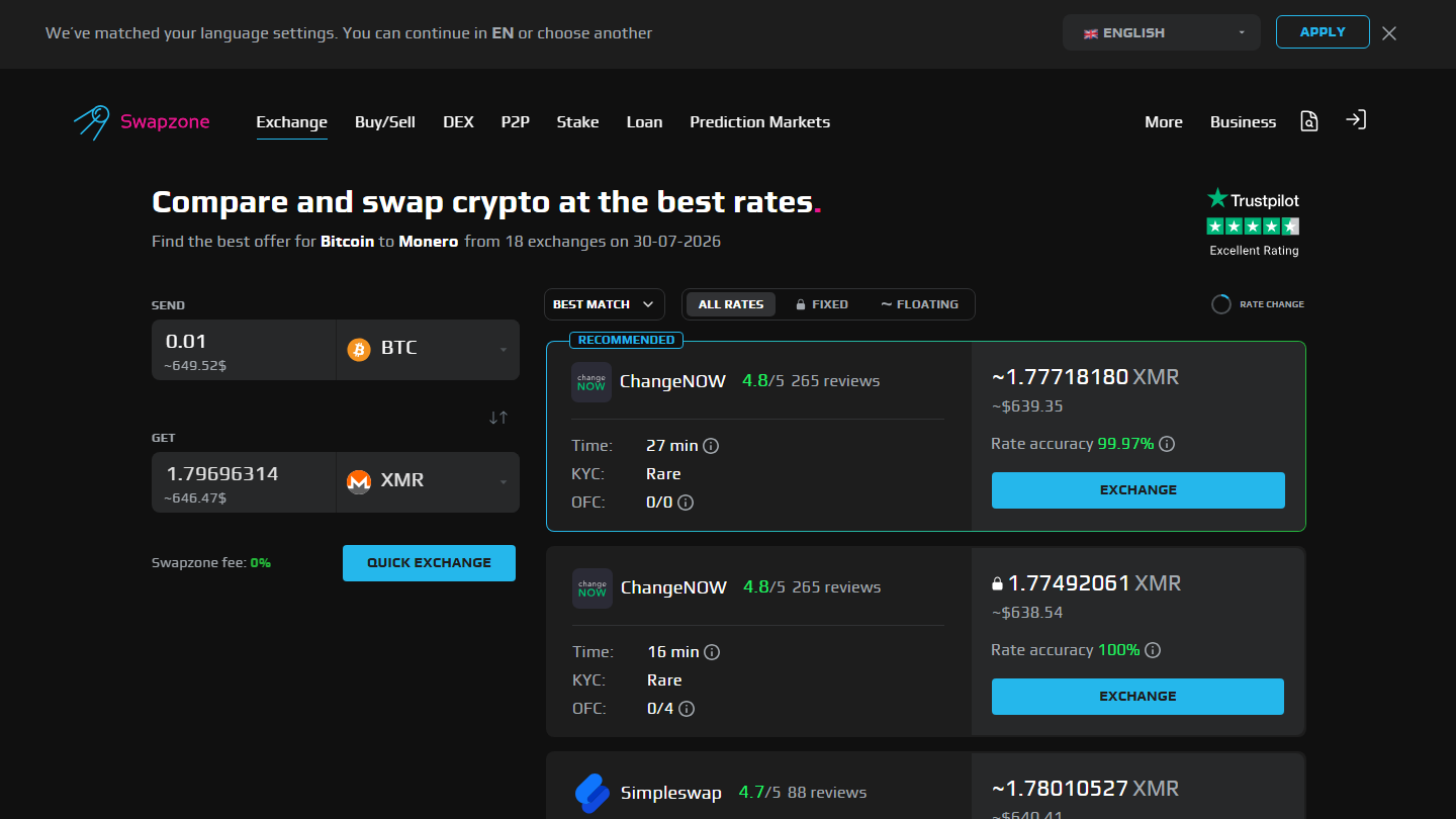 Swapzone BTC to TON live query July 2026