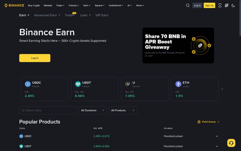 Binance Earn page showing "Smart Earning Starts Here, 300+ Crypto Assets Supported", featured cards for USDC 2.49%, USDT Max 6.56%, U Max 7.05%, ETH 1.9% (Locked), Popular Products table with USDC 2.49%-3.61% and USDT 2.83%-6.56%