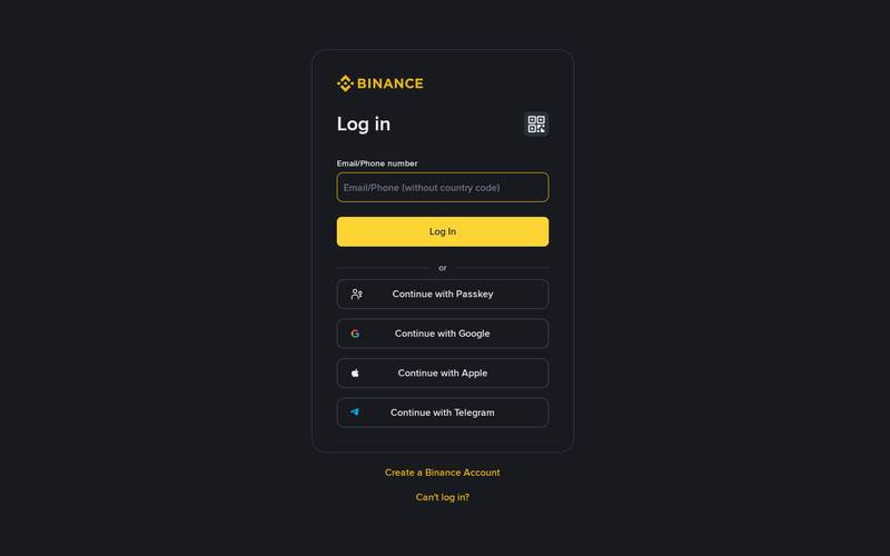 Binance login page with Email/Phone field, Log In button, Passkey/Google/Apple/Telegram options, and QR code icon top-right