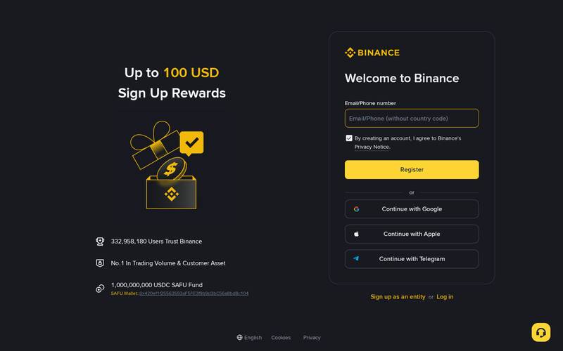Binance registration page with single Email/Phone field, Register button, Google/Apple/Telegram social login options, and SAFU wallet address visible